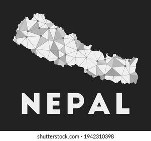 Nepal - mapa de la red de comunicación del país. Diseño geométrico de moda en Nepal sobre fondo oscuro. Tecnología, internet, red, concepto de telecomunicaciones. Ilustración vectorial.