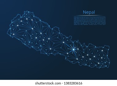 Nepal communication network map. Vector low poly image of a global map with lights in the form of cities in or population density consisting of points and shapes in the form of stars and space.