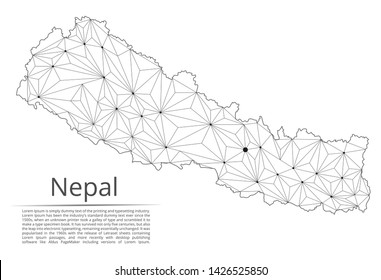 Nepal communication network map. Vector low poly image of a global map with lights in the form of cities in or population density consisting of points and shapes and space. Easy to edit