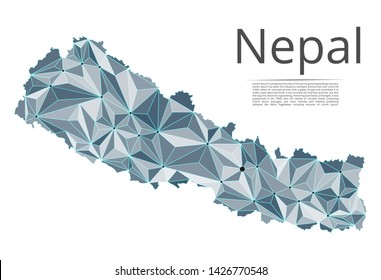 Nepal communication network map. Vector low poly image of a global map with lights in the form of cities in or population density consisting of points and shapes and space. Easy to edit