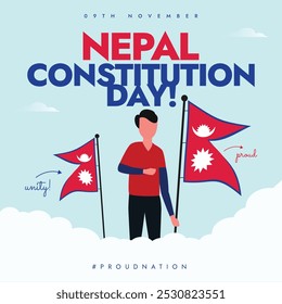 Día de la Constitución de Nepal. 9 de noviembre Anuncio de celebración del día de la constitución de Nepal con sus banderas, hombre con camisa color bandera. El día recuerda la adopción de la Constitución de Nepal de 2015. 