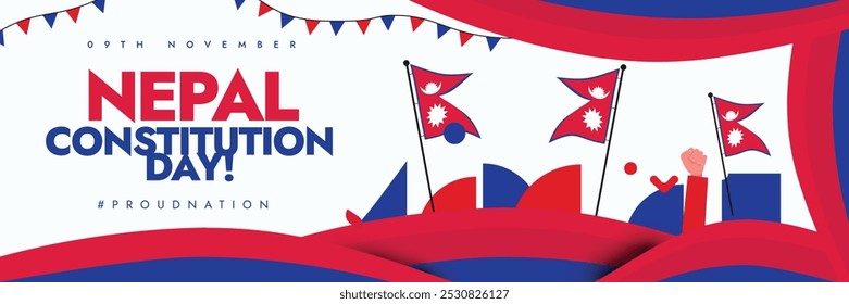 Día de la Constitución de Nepal. 9 de noviembre Nepal celebración del día de la constitución Anuncio de cubierta con sus banderas, elemento de arte abstracto en colores de la bandera. El día recuerda la adopción de la Constitución de Nepal de 2015