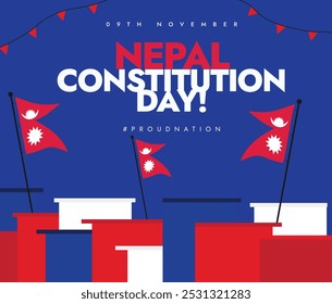 Nepal Constitution Day 9th November celebration banner, post. Nepal Constitution day celebration banner with its flags, abstract art elements in flag colours. Conceptual banner template.