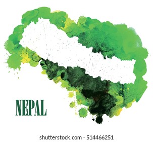 Nepal. Country circuit. Vector drawing on the background of watercolor paint stains .