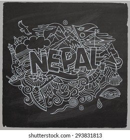 Nepal country hand lettering and doodles elements and symbols background. Vector hand drawn chalkboard illustration
