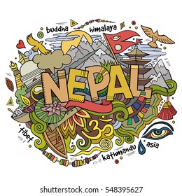 Nepal country hand lettering and doodles elements and symbols background. Vector hand drawn illustration