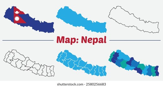 Nepal country map set. internal provinces borders marked, Simple map of Nepal vector drawing, Filled and outline. flag map.