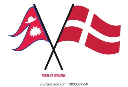 Nepal and Denmark Flags Crossed And Waving Flat Style. Official Proportion. Correct Colors.