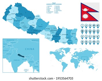 Nepal detailed administrative blue map with country flag and location on the world map.