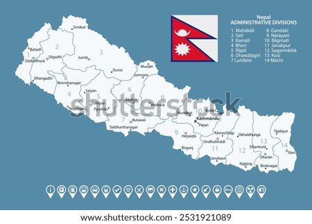 Nepal - detailed country map with cities and regions. Infographic icons. Vector illustration.