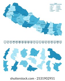 Nepal - detailed map of the country in blue colors, divided into regions. Infographic icons. Vector illustration.