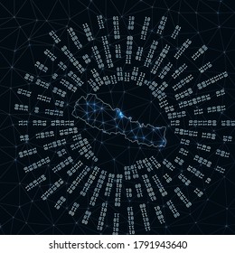 Nepal digital map. Binary rays radiating around glowing country. Internet connections and data exchange design. Vector illustration.