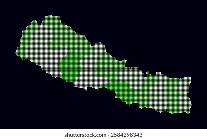 Nepal dotted map. Digital style map of the country on dark background. Nepal shape with circle dots. Colored dots style. Small size circles. Plain vector illustration.