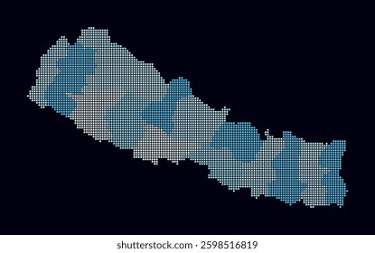 Nepal dotted map. Digital style map of the country on dark background. Nepal shape with square dots. Colored dots style. Small size squares. Artistic vector illustration.