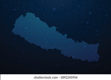 Nepal dotted map in futuristic style, glowing outline made of stars lines dots. Communication, internet technologies concept on dark blue space background. Vector illustration.