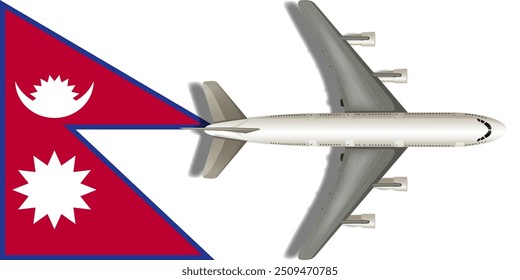 Nepal flag with airplane flying over it close up. Vector image.