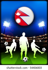 Nepal Flag Button with Soccer Match in Stadium Original Illustration