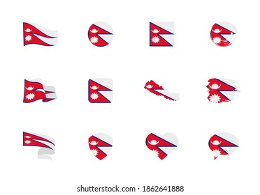 Nepal flag - flat collection. Flags of different shaped twelve flat icons. Vector illustration set