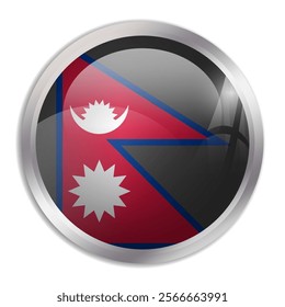 Nepal flag - glossy circle button displays a colorful flag representing a country cultural identity and heritage. The essence of national pride and unity.