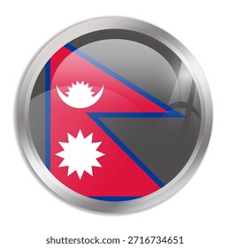 Nepal flag - glossy circle button in metal frame displays a colorful flag of a country cultural identity and heritage. The essence of national pride and unity.