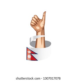 Nepal flag and hand on white background. Vector illustration