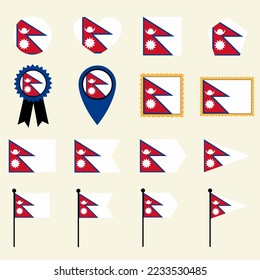 Nepal flag icon set in 16 shape versions. Collection of Nepal flag icons with square, circle, heart, triangle, medal, stamp and location shapes.