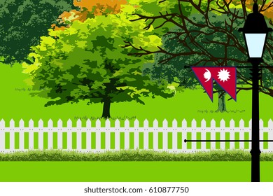 Nepal Flag, Landscape of Park, Trees, Fence wooden and Street light Illustration 