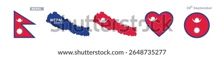 nepal flag and map set. nepal flag in official colors and proportions. independence day 20 september , map, circle and heart shaped nepal