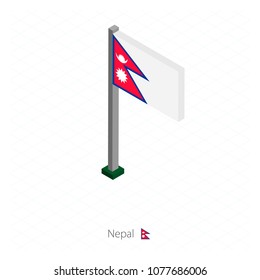 Nepal Flag on Flagpole in Isometric dimension. Isometric blue background. Vector illustration.