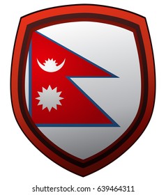 Nepal Flag on a Red Framed Glossy Shield, Vector Illustration.