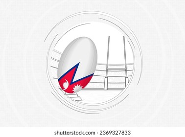 Nepal flag on rugby ball, lined circle rugby icon with ball in a crowded stadium. Vector sport emblem on abstract background.