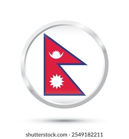 Ilustración vectorial brillante brillante 3D cromada redonda de la bandera de Nepal aislada en el fondo blanco. Día de la constitución de Nepal 19 de septiembre, día de la república de Nepal 28 de mayo. Bandera nepalí con fines educativos en línea 