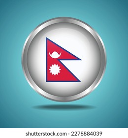 The Nepal flag. Round glossy. Silver frame. Isolated on color gradient background
