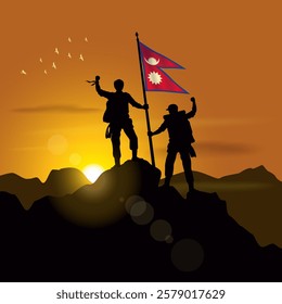 Nepal flag, silhouette of two climbers holding flags at sunset
