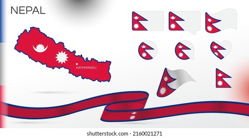 Nepal flags set. Various designs. Map and capital city. World flags. Vector set. Circle icon. Template for independence day. Collection of national symbols. Ribbon with colors of the flag. Kathmandu