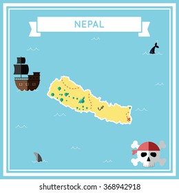 Nepal flat treasure map. Colorful cartoon treasure map of Nepal with flat icons of pirate ship, jolly roger, treasure chest and banner ribbon. Flat design vector illustration.