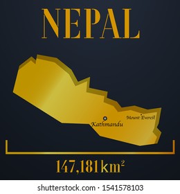 Nepal golden 3d solid country outline silhouette, realistic piece of world map template, for infographic, vector illustration, isolated object, background. From countries set