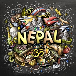 Dibujo A Mano De Doodles De Nepal. Diseño De Viajes Divertidos. Fondo Vectorial De Arte Creativo. Texto Manuscrito Con Elementos Y Objetos. Composición Colorida
