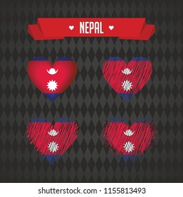 Nepal heart with flag inside. Grunge vector graphic symbols