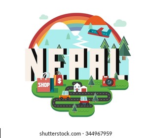 Nepal in Himalaya is a beautiful country to visit. vintage vector illustration.