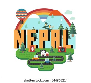 Nepal in Himalaya is a beautiful country to visit. vintage vector illustration.