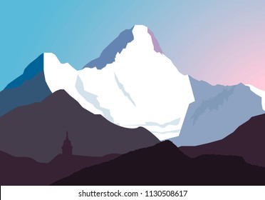 Nepal Himalayas mount Ama-Dablam vector illustration. Himalayan peak Аma Dablam in Nepal and silhouette of buddhist stupa