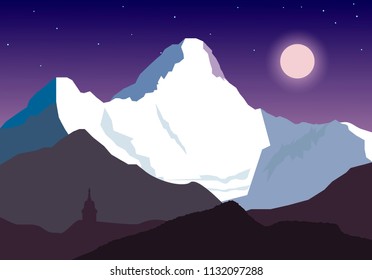 Nepal Himalayas mount Ama-Dablam vector illustration. Himalayan mountain landscape. Ama Dablam mount in the moonlight. Mont Ama Dablam vector illustration