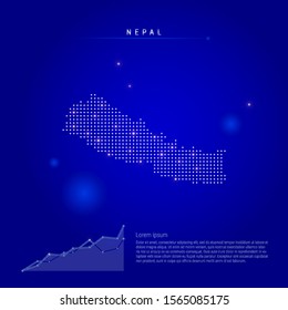 Nepal illuminated map with glowing dots. Infographics elements. Dark blue space background. Vector illustration. Growing chart, lorem ipsum text.