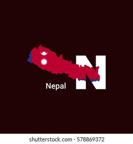 Nepal Initial Letter Country with Map and Flag Vector