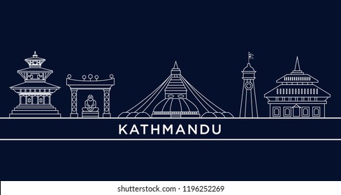 Nepal, Kathmandu architecture line skyline illustration. Linear vector cityscape with famous landmarks, city sights, design icons. Landscape 