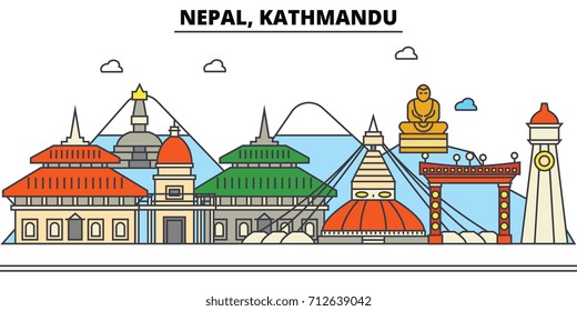 Nepal, Kathmandu. City skyline: architecture, buildings, streets, silhouette, landscape, panorama, landmarks. Editable strokes. Flat design line vector illustration concept. Isolated icons set