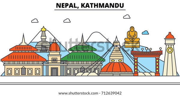 ネパール カトマンズ 都市の天窓 建築 建物 通り シルエット 風景 パノラマ ランドマーク 編集可能なストローク フラットデザインラインのベクター イラストコンセプト 分離型アイコンセット のベクター画像素材 ロイヤリティフリー