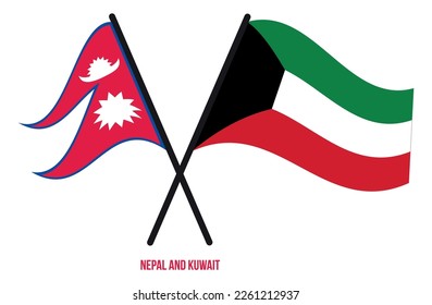Banderas de Nepal y Kuwait Cruzadas y ondeando estilo plano. Proporción oficial. Colores correctos.