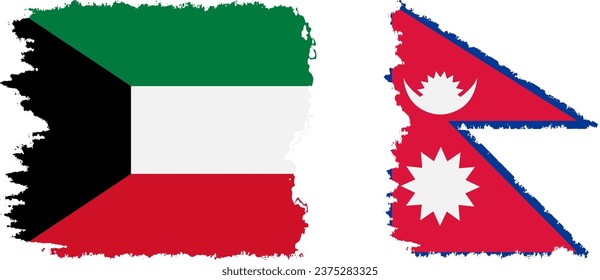 Nepal and Kuwait grunge flags connection, vector